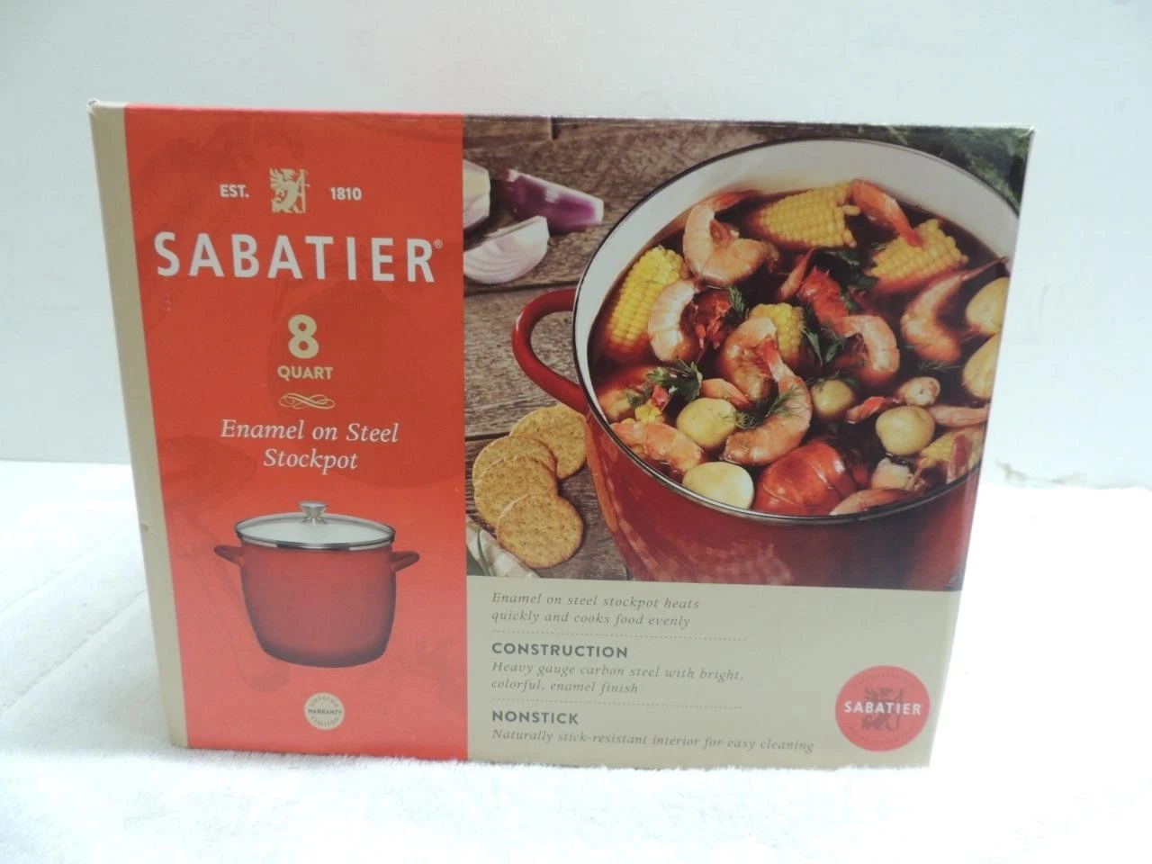 Sabatier 8 Quart Enamel on Steel STOCKPOT Handles - Nonstick - Glass Lid - Red