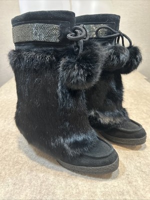 COACH Maryann Italy 7B Black Suede & Rabbit Fur Winter Boots Beads Pompons