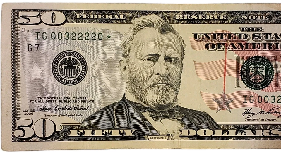 2006 $50 Dollars Bill With Print Error N Star Note IG Series. - Image 2 of 4