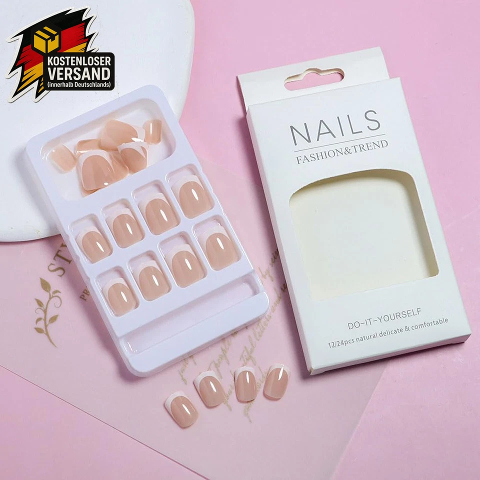 Kurz Eckig Press on Nails Nude French Fake Nails mit Kleber für Frauen Mädchen W - Bild 4 von 4