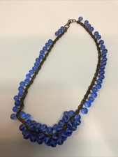 Vintage Brilliant Blue Clustered Glass Beaded 19 Necklace On Metal Chain
