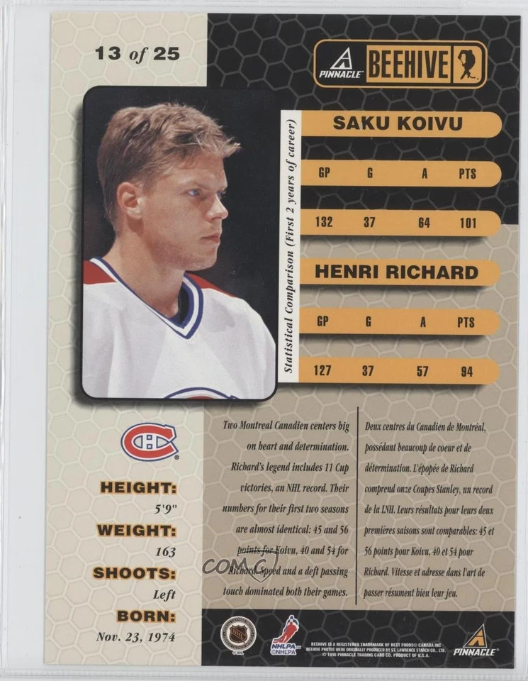 1997-98 Pinnacle Beehive Team Saku Koivu #13 - Image 2 of 2