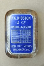 Vintage 1920s Calendar Glass Paperweight Advertising A J Kidson & Co. London