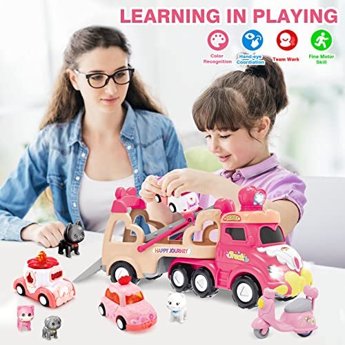 9 in 1 Carrier Truck Cars Toys for Girls Toddlers,Princess Girl Car with Pink - Picture 6 of 7