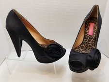 Betsey Johnson Women's Black Fabric Open Toe Stiletto Pumps Shoes Black Rose 6M