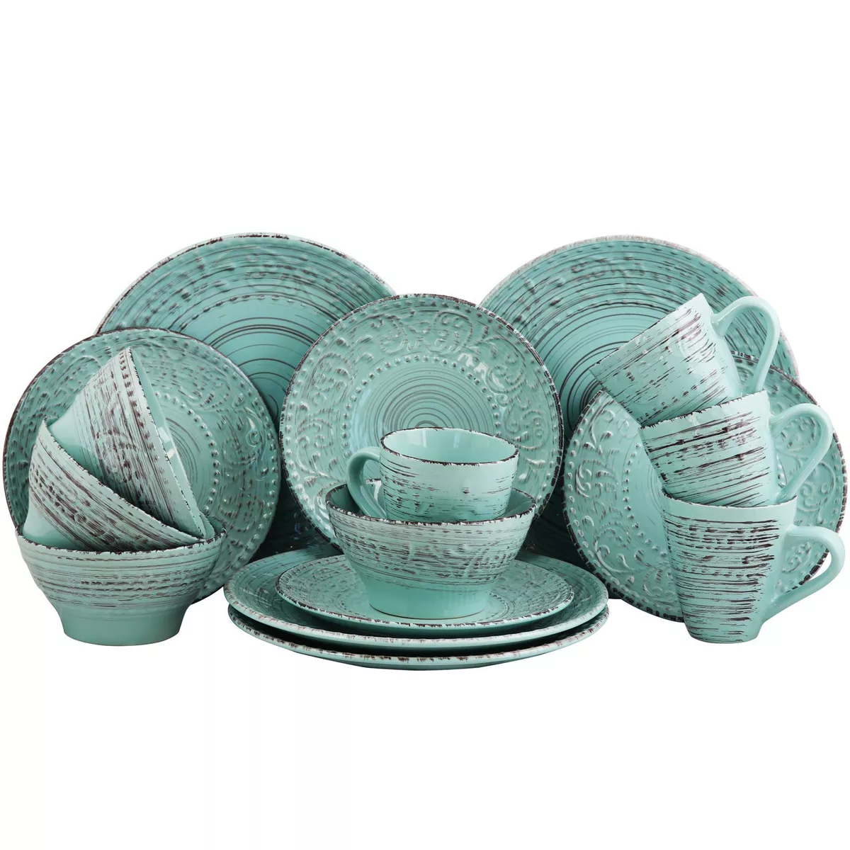 Elama Embossed Stoneware Ocean Dinnerware Dish Set 16 Piece