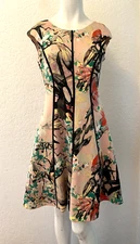 JAX Dress 6 Pink Fit Flare Scuba Floral Cap Sleeves Knee Length Contrast Piping