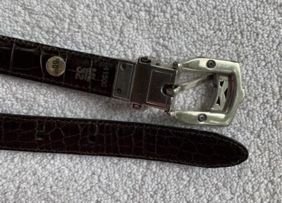 Black and brown reversible Croc leather belt Silver-tone hardware Dark brown black reversible belt moc croc texture braided  main image 2