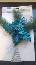 Vintage Holiday Time Teal Metallic Foil Tree Topper w Greenery New Old Stock