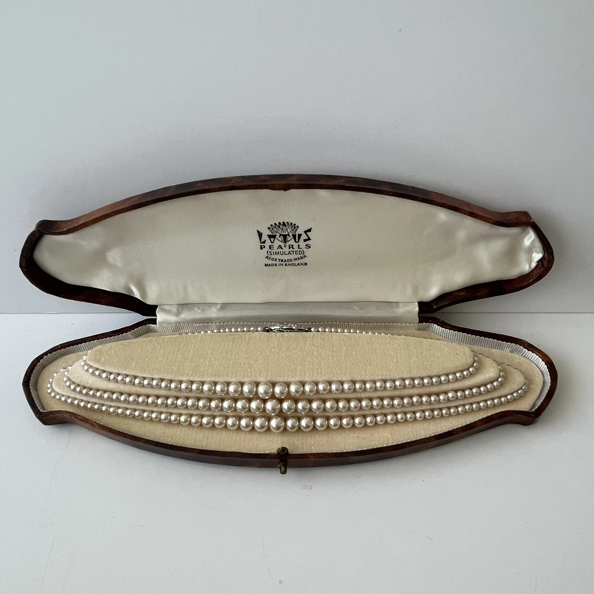Lotus Pearl Necklace Triple Strand Simulated Graduated unworn in box 1960s