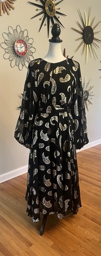 Elie Tahari MD The Audrey Paisley Midi Dress Black Metallic Gold - Picture 2 of 15