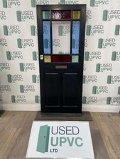 BESPOKE WOODEN FRONT ENTRANCE DOOR HARDWOOD BLACK DECORATIVE GLASS EXTERNAL USED
