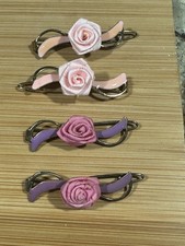Vintage Hair Barrettes Silk Rose Enamel Hair Clip Pink Purple Feminine Lot Of 4