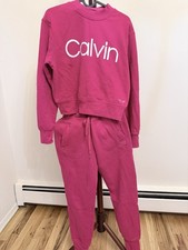Calvin Klein Performance Pink 2pc Fleece Sweatsuit Crewneck Drawstring Pockets S
