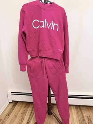 Calvin Klein Performance Pink 2pc Fleece Sweatsuit Crewneck Drawstring Pockets S