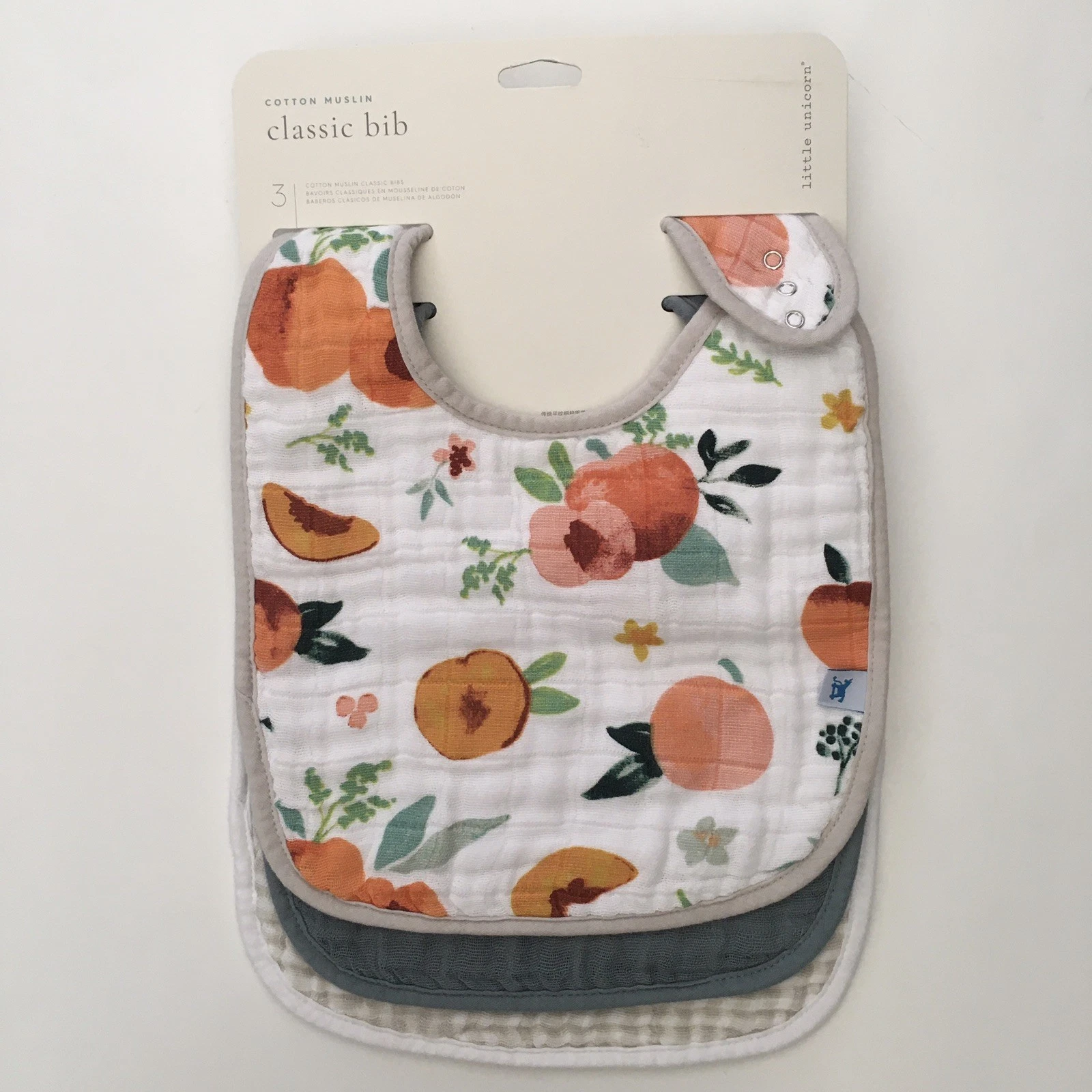 NEW Cotton Muslin Bibs Peaches Solid Checkered Snap Closure Set | Little Unicorn