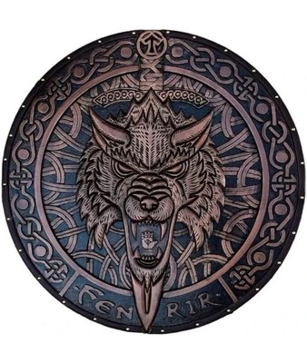 Wikinger Schnitzerei Holz Mittelalter Nordisch RoundBattle 24'' geschnitzt Holz Fenrir Schild