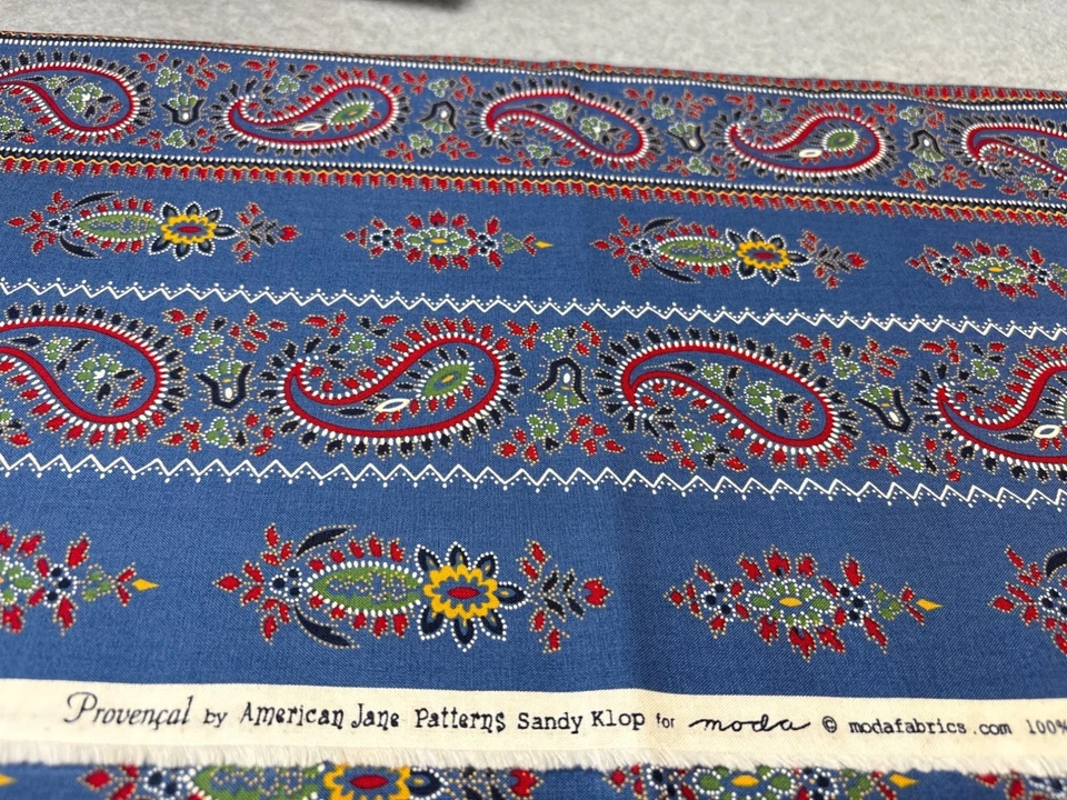 Vintage Moda Provencial Paisley Pattern Fabric Cotton 19"x44" Blue & Multicolor - Image 3 of 4