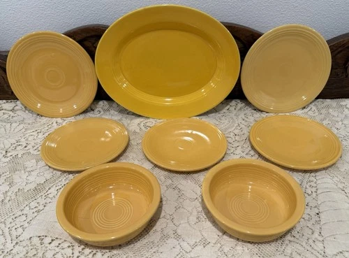 Lot Vtg Genuine Fiesta Original Yellow 2 Salad, 3 Bread, 2 Berry, Platter Plates