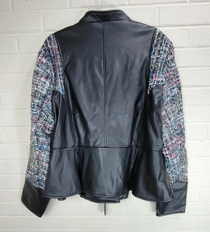 Chaqueta de moto con cinturón Lane Bryant de cuero vegano tweed y lentejuelas plateadas 18/20 nueva con etiquetas Foto 3 de 4
