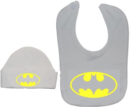 Baby Feeding Bib & Matching Beanie Hat Newborn-12 Months Superhero Bat Unisex - Picture 5 of 10