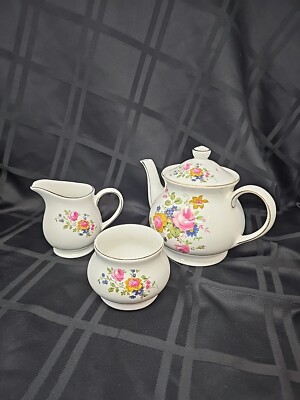 Vintage SADLER~ENGLAND (3-Piece) Teapot/Lid Creamer Sugar Bowl FLORAL Gold Gild
