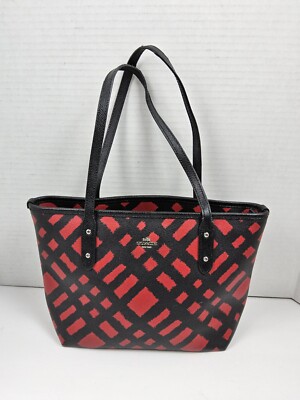 5310◯ COACH ゼブラ柄 トートバッグ F34654 Coach F22246 Wild Plaid Red Coated Canvas Small City Zip Tote