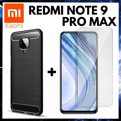 FOR XIAOMI REDMI NOTE 9 PRO MAX CARBON BLACK COVER + TEMPERED GLASS FILM