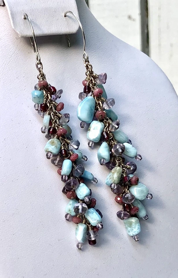 Larimar 紫水晶石榴石红宝石簇 0.925 纯银钩耳环 — 第 3/4 张图片