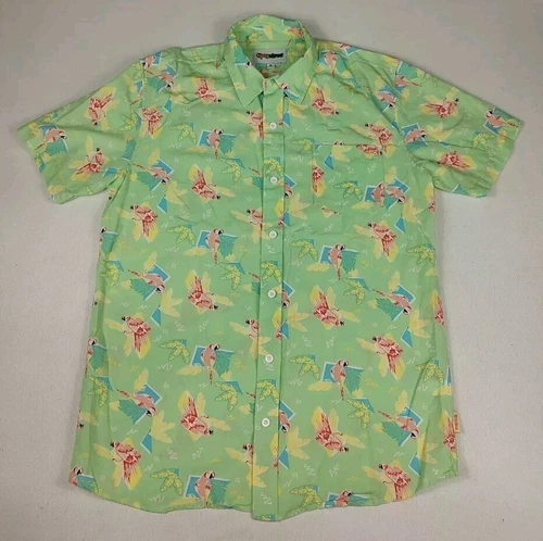 Mens Tispy Elves Hawaiian Shirt Sz L Lt Green Pink Parrots Short Sleeve Button  - product listing photo