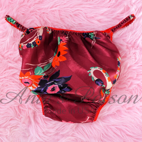 Sissy Satin Panties for MEN Christmas Maroon Stripe Poinsettia String Bikini - Picture 4 of 5