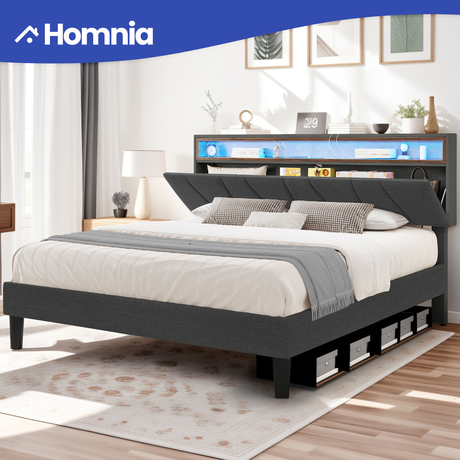 Queen Size LED Bed Frame w/ Platform Upholstered Headboard USB & Charging Ports