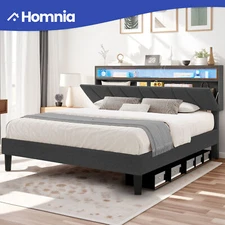 Queen Size LED Bed Frame w/ Platform Upholstered Headboard USB & Charging Ports