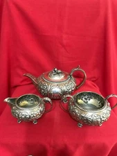 1826 Hyam Hyams Sheffield solid silver repousse 3 piece tea service