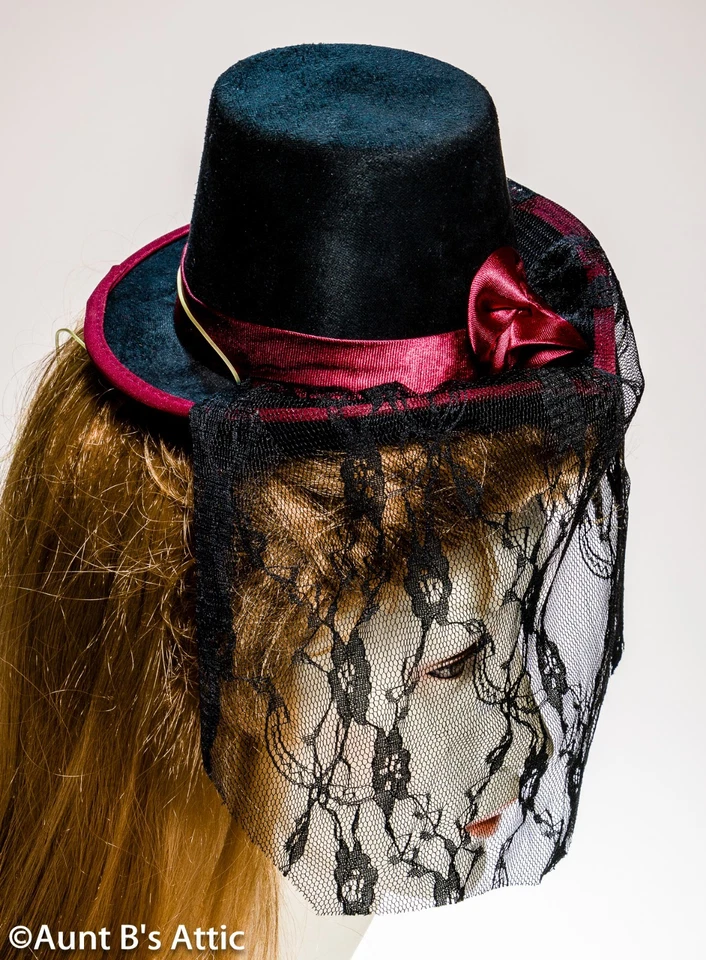 Victorian Mini Top Hat Blk Faux Suede W/ Burg Trim & Blk Floral Lace Veil - Image 2 of 2