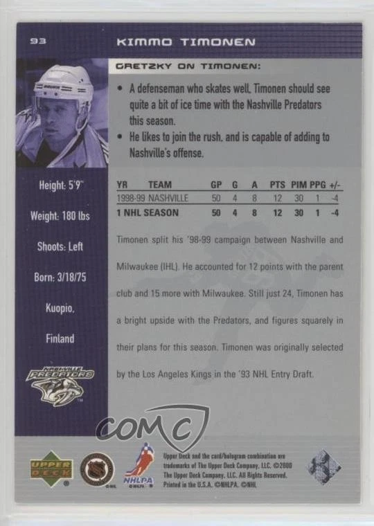 1999-00 Upper Deck Wayne Gretzky Hockey Kimmo Timonen #93 - Image 2 of 2