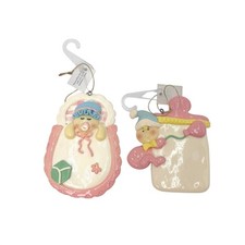 Lot of 2 Baby First Christmas Ornaments Personalizable Resin Cradle Bottle Pink