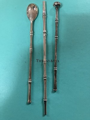 Tiffany & Co 3 piece sterling silver bamboo pattern Straw Muddler Mixing Spoon