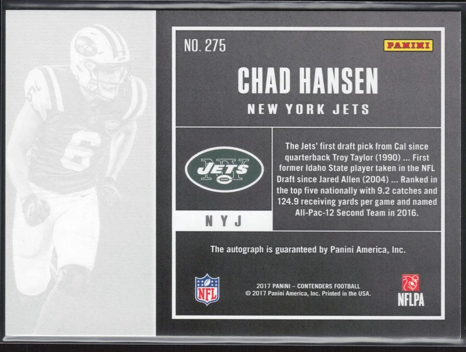 Chad Hansen RC 2017 Panini Contenders Rookie Ticket Autograph #275 New York Jets - Image 2 of 2
