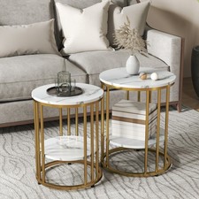 Marble-Effect Coffee Table Set of 2, Side Tables with Storage Shelf, Gold Tone