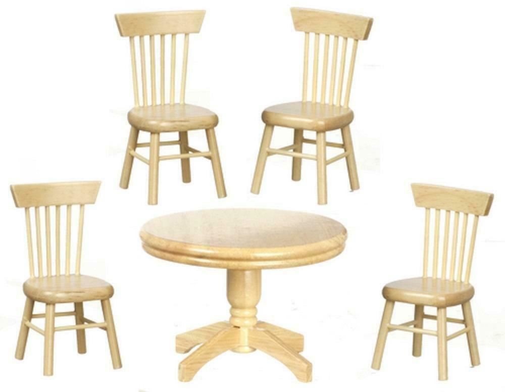 Dolls House Round Table & Chairs Miniature Light Oak Dining Room Furniture Set