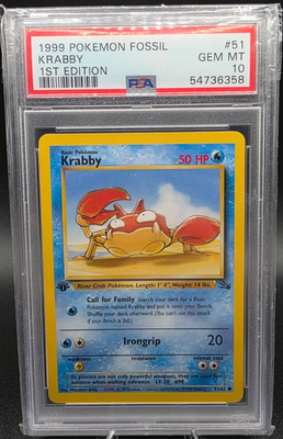 1999 krabby pokemon card value 1999 Pokemon Fossil Krabby #51 1st Edition PSA 10 Gem Mint