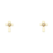 14k Yellow Gold Simple Flat Cross Stud Promise Heart Love Faith Earrings