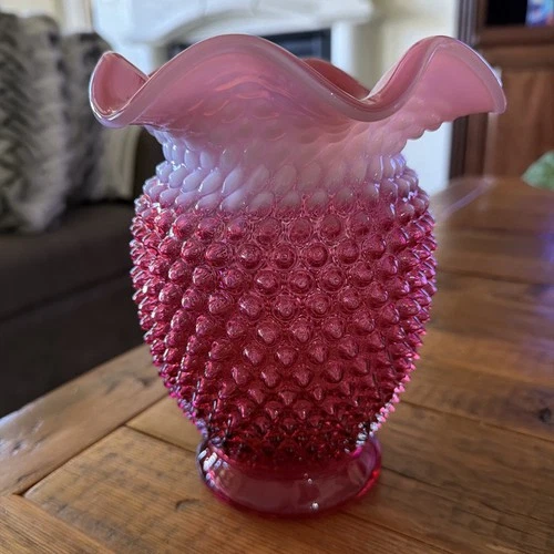 Fenton Cranberry with White Opalescent 7 3/4” Hobnail Ruffled Vase
