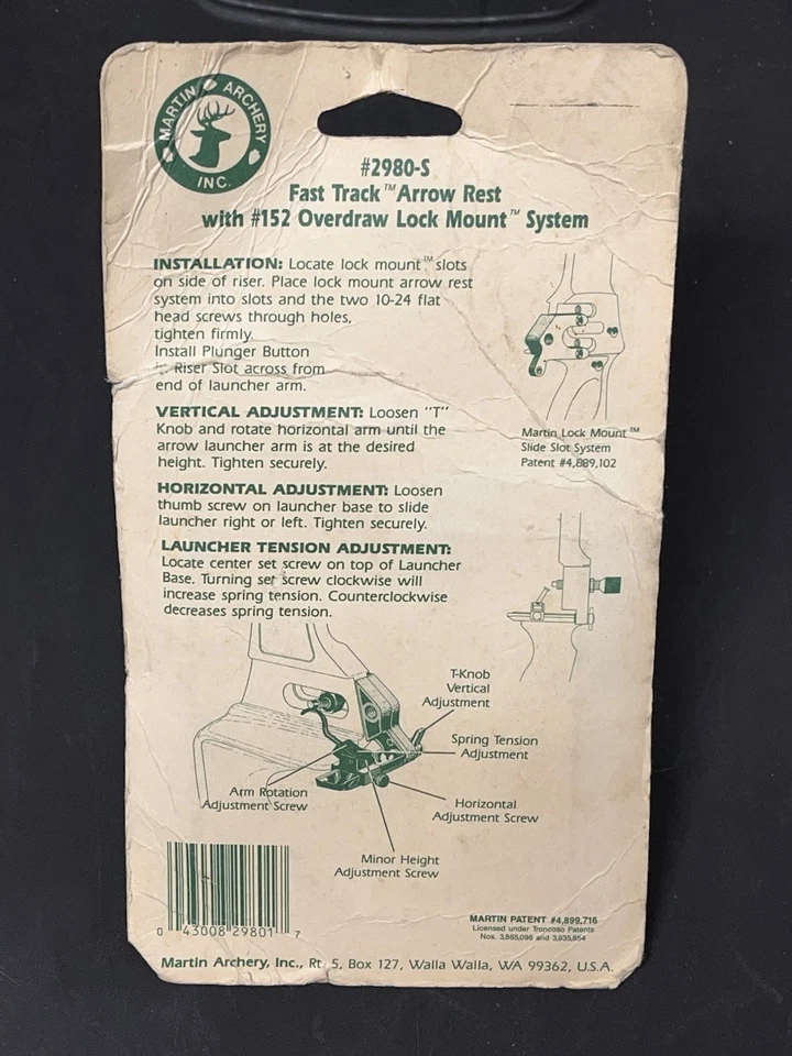 VINTAGE MARTIN #2980-S FAST TRACK ARROW REST W/#152 OVERDRAW LOCK MOUNT SYSTEM - Image 2 of 4