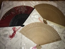 Vtg Hand Held 3 fans fabric / plastic /bamboo / paper 8  long  Lot 24
