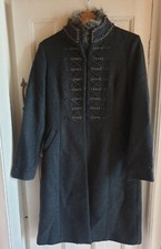 Edina Ronay Size 12 Grey Womens Coat With Beads Design + Inner Fur Collar