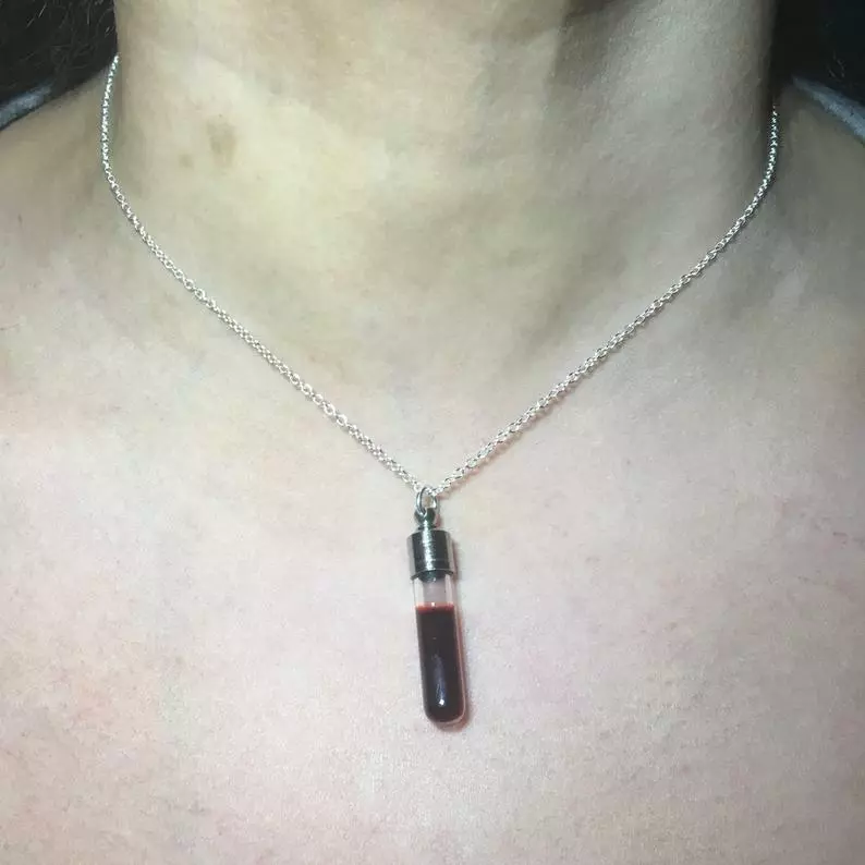 Red Fake Blood Glass Vial Pendant Necklace Sterling Silver Chain Goth Halloween