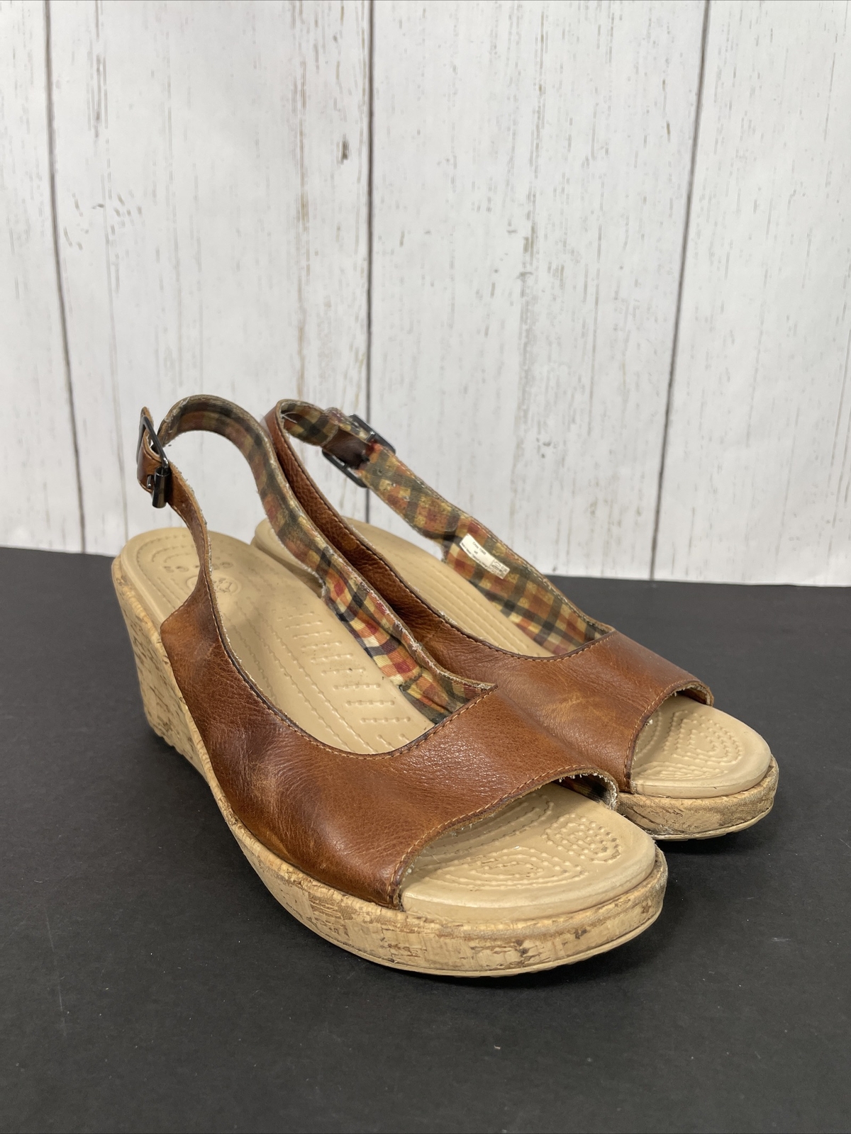 Crocs Sandals Womens Size 8 Leigh Brown Leather Cork Wedge Slingback 11848  | eBay