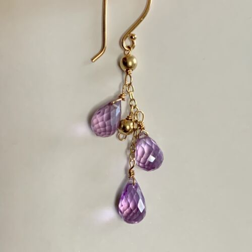 Single 14K Gold Earring Amethyst Briolette Drops Dangle 42mm Long Hook 14ct 585 - Picture 3 of 7